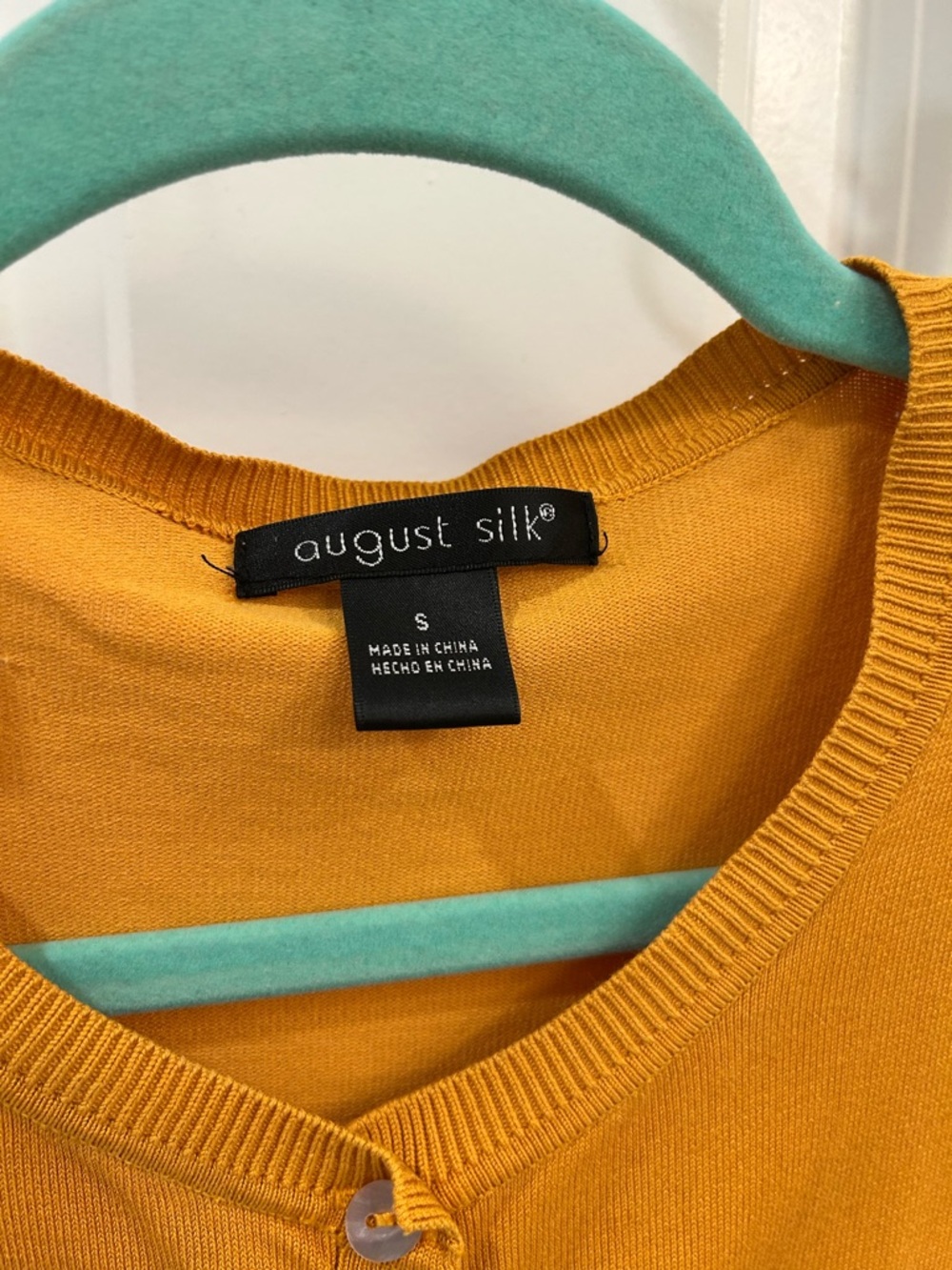 August Silk - Silk Blend Gathered Shoulder Cardigan Mustard Gold Button Down S - Picture 6 of 9